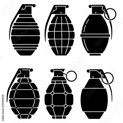 Six black silhouette grenades of varying designs, perfect for illustrating military concepts and weaponry