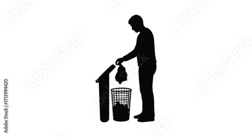 Silhouette of a person disposing of trash into a waste receptacle