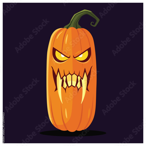 Cartoon illustration of a tall, orange pumpkin with a menacing face, sharp teeth, and glowing yellow eyes against a dark purple background.