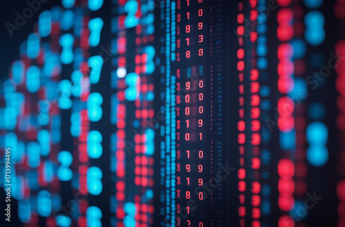 Wallpaper Mural Futuristic digital background with glowing blue and red numbers cascading across a dark screen in matrix style, representing cybersecurity, coding, big data, and artificial intelligence technology Torontodigital.ca