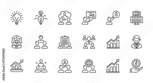 Collection of 24 linear icons related to business, teamwork, and growth.