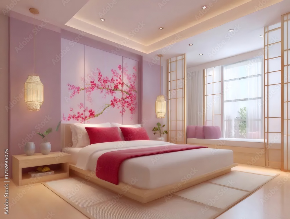 Fototapeta premium 薄紫色の壁に桜の花柄のベッドルーム