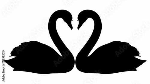Two swans facing each other with their necks forming a heart shape in black silhouette on white background