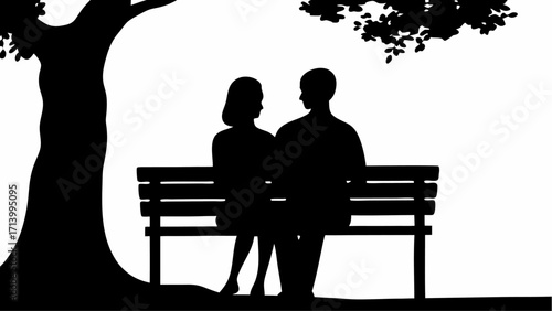 Silhouette of a couple sitting on a bench under a tree with leaves in a black and white illustration