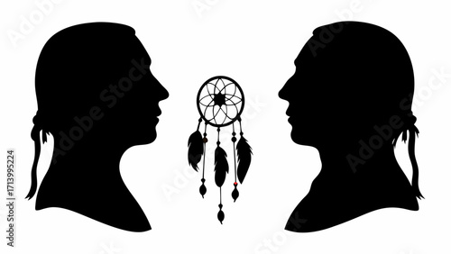 Silhouette profiles facing each other with a dreamcatcher in the middle on a white background view image