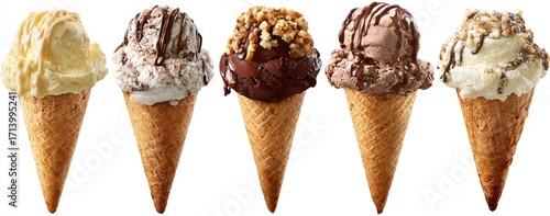 Assorted ice cream cones with various toppings
