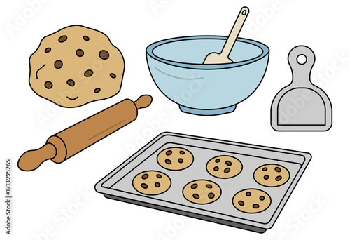 Cookie baking preparation tools with dough, bowl, rolling pin, and tray of chocolate chip cookies for dessert and pastry illustration projects