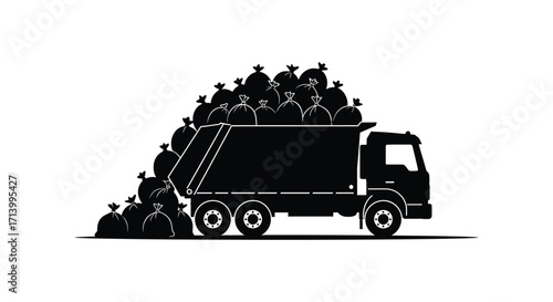 A black silhouette of a garbage truck overflowing with trash bags