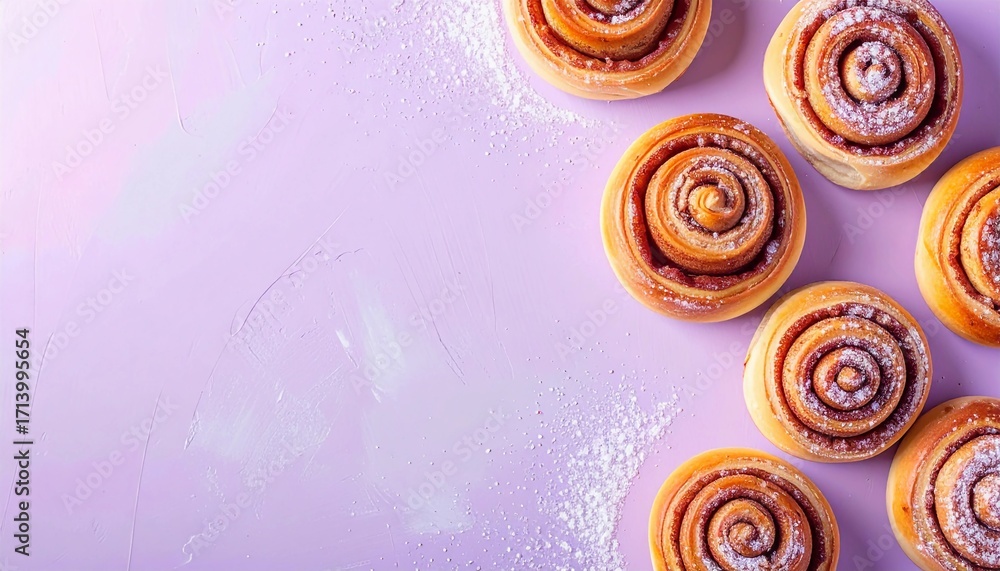 Fototapeta premium Deliciously sweet cinnamon rolls dusted with powdered sugar arranged artfully on a soft pastel purple background, perfect for a bakery or breakfast advertisement