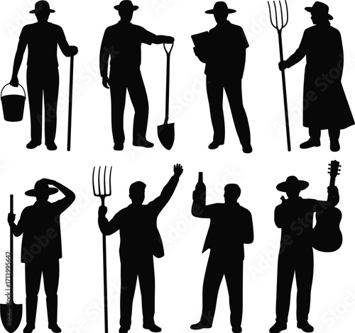 Farmer silhouettes with tools, rural lifestyle, agriculture workers, countryside labor, farming activities, pitchfork, shovel, bucket, guitar, bottle, traditional village occupation