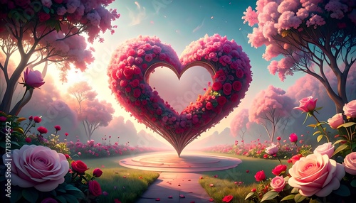 Heart-shaped rose garden in a magical, serene setting