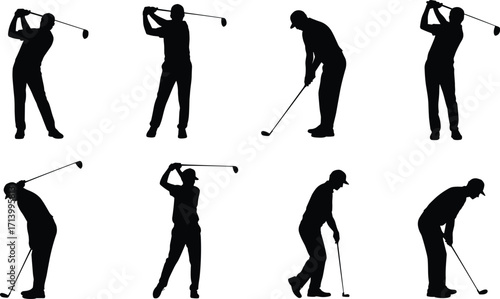 Golf player silhouettes practicing swing, professional golfer, sports training, outdoor activity, golf club positions, athletic exercise, golfing motion, fitness lifestyle, tournament