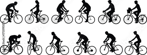 Silhouette collection of cyclists riding bicycles, people cycling outdoors, bike sport activity, urban commuting, fitness exercise, transportation vector e collection of cyclists riding bicycles,