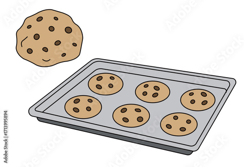 Chocolate chip cookie dough and freshly baked cookies on oven tray for dessert, pastry, and homemade baking illustration projects