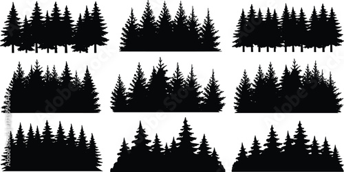 Silhouette collection of pine trees, forest landscapes, evergreen conifer woods, nature elements, outdoor scenery, vector tree set illustration design