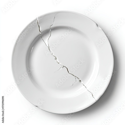 A pristine white plate, centrally fractured by a silver crack