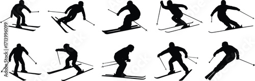 Silhouette collection of skiers skiing downhill, performing winter sports, extreme snow activities, using ski poles, alpine skiing vector illustration