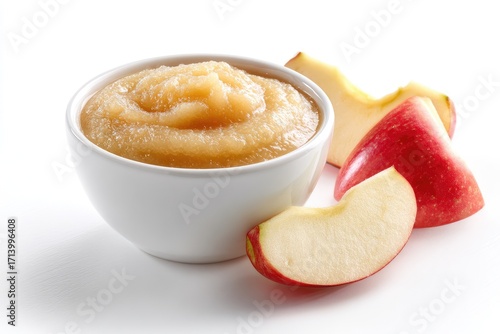 Bowl of smooth apple sauce, beside apple slices