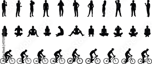 Silhouettes of people standing, sitting, meditating, cycling, daily activities, relaxation, fitness exercise, outdoor lifestyle, mindfulness, meditation, health, sports, wellness