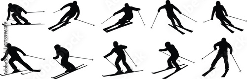 Silhouettes of skiers skiing downhill, performing winter sports activities, using ski poles, extreme snow sport action, alpine skiing vector illustration