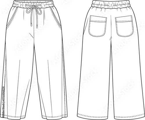 Wide leg pants flat sketch, elastic waistband with drawstring, front side pockets, back patch pockets, casual fashion trousers technical illustration