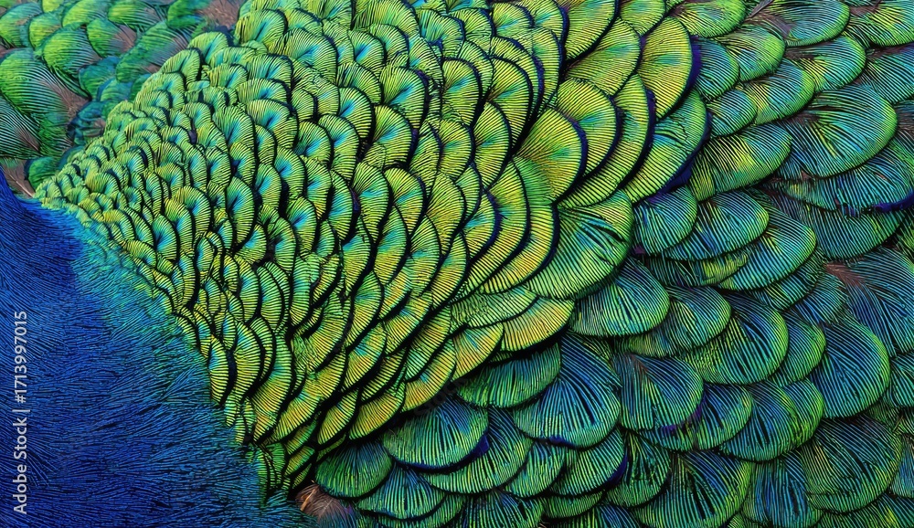 Obraz premium Close-up peacock feather texture. Vibrant green, blue, and teal feather patterns