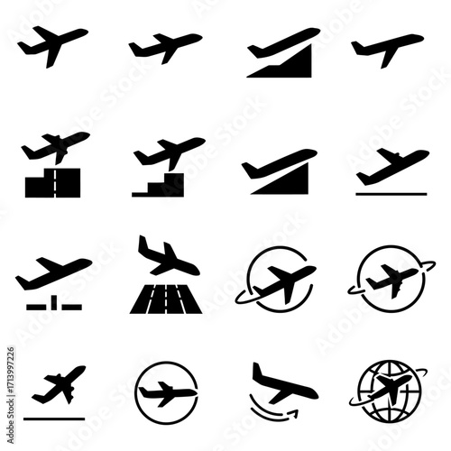 Airplane flight icon set collection with various aircraft symbols for travel and transportation design