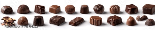 Assorted chocolate candies displayed on a white background.  Different shapes and fillings