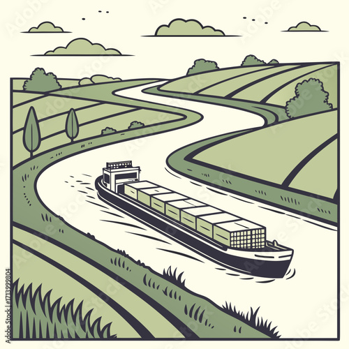 Cargo barge navigates a winding river through lush green agricultural fields under a cloudy sky