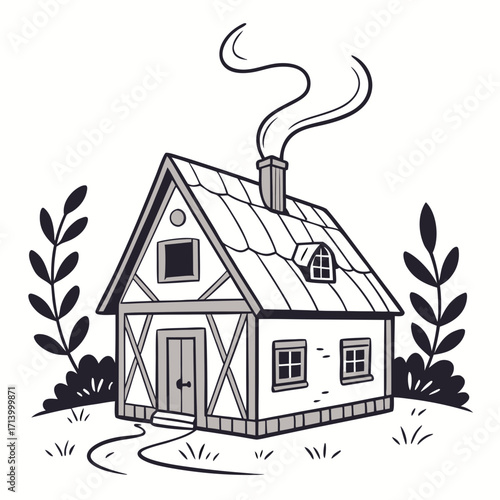 Charming hand drawn black and white illustration of a quaint cottage with smoke rising from the chimney