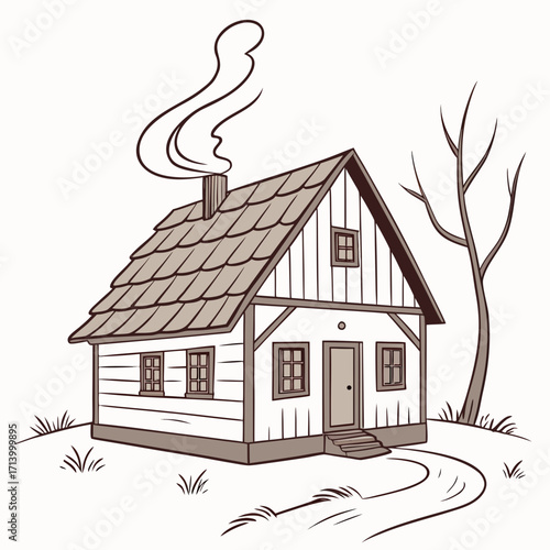 Charming hand drawn illustration of a rustic wooden cabin with smoke rising from the chimney on a winter day