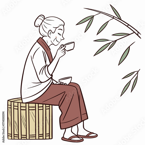 Elderly woman enjoying a peaceful moment drinking tea under a bamboo tree
