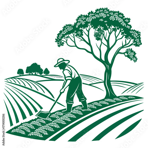 Farmer tending crops with a hoe under a large tree in a stylized green landscape