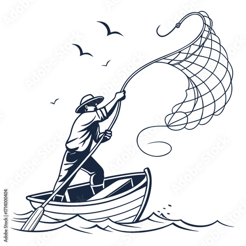 Fisherman in a rowboat casting a net into the ocean with seagulls flying overhead