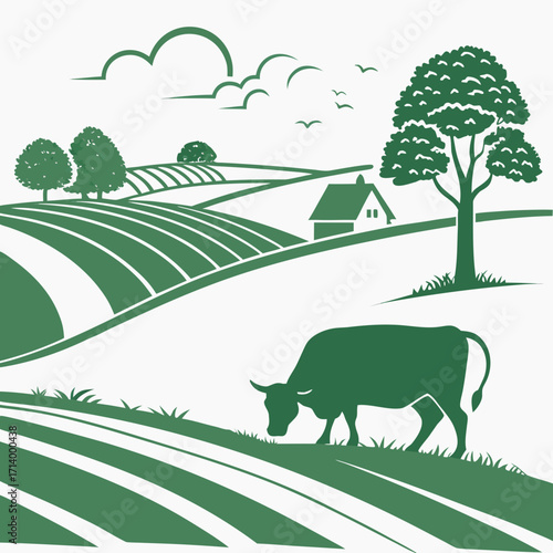 Green farm landscape with rolling hills a grazing cow and a small house under a cloudy sky