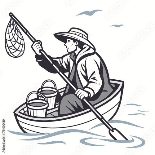 Fisherman in a hat paddling a boat with a net and buckets on the water