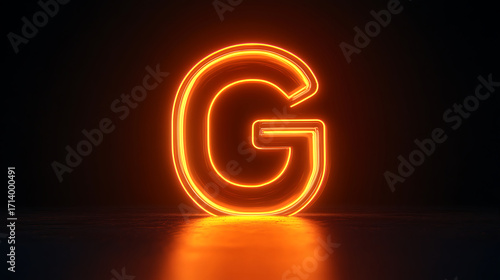 Glowing neon letter G in orange color on dark background, illuminated with bright light reflecting on surface below, creating vibrant and modern visual effect