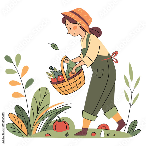 Happy farmer woman wearing overalls and hat carrying a basket full of freshly harvested vegetables