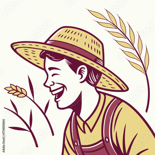 Joyful farmer wearing straw hat laughing amidst wheat stalks in a stylized illustration