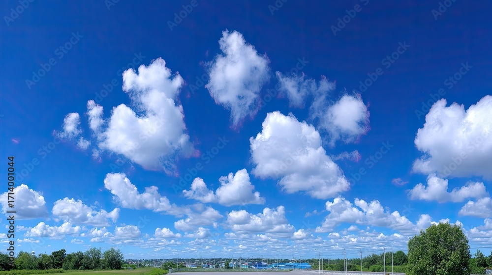 Obraz premium Expansive Blue Sky Vista Featuring Fluffy White Clouds with Natural Outdoor Backdrop Under Daylight Conditions and Green Vegetation in the Horizon