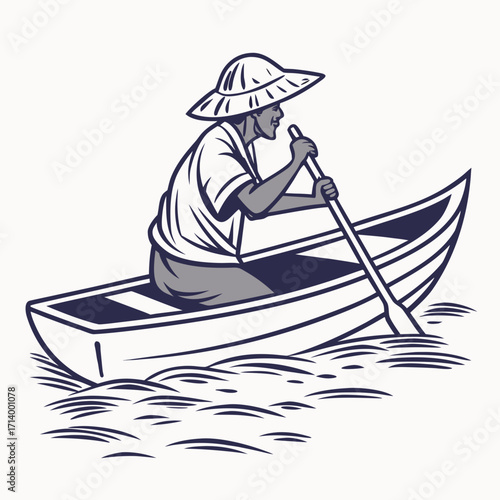 Man wearing conical hat rowing a boat through wavy water in a stylized illustration