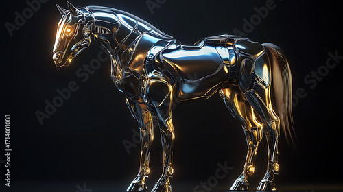Futuristic metallic horse sculpture with glowing eyes and sleek design, illuminated by warm light reflections, set against dark background, showcasing advanced technology and artistry