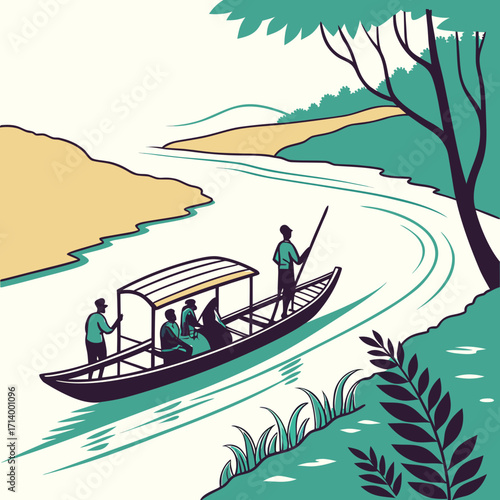 People enjoying a scenic boat ride on a winding river surrounded by lush green trees and hills