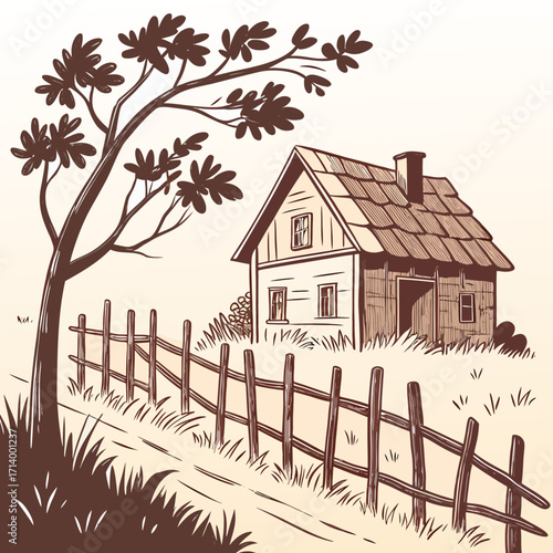 Rustic wooden house with a thatched roof and a wooden fence in a rural landscape