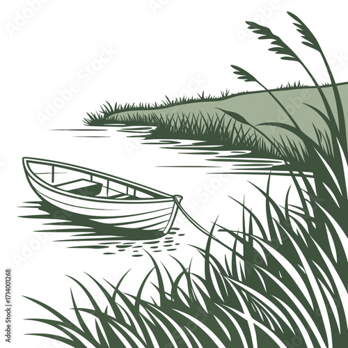 Serene lakeside scene with a rowboat tied to shore among reeds and tall grass