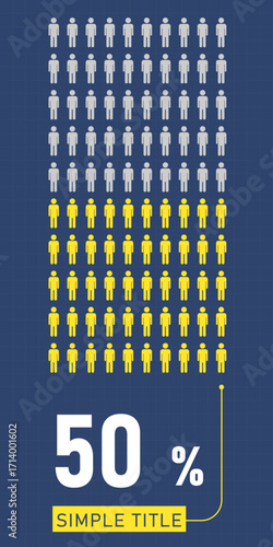 Infographic people icon, 50 percent population chart with male figure symbol, half proportion statistics design vector illustration.