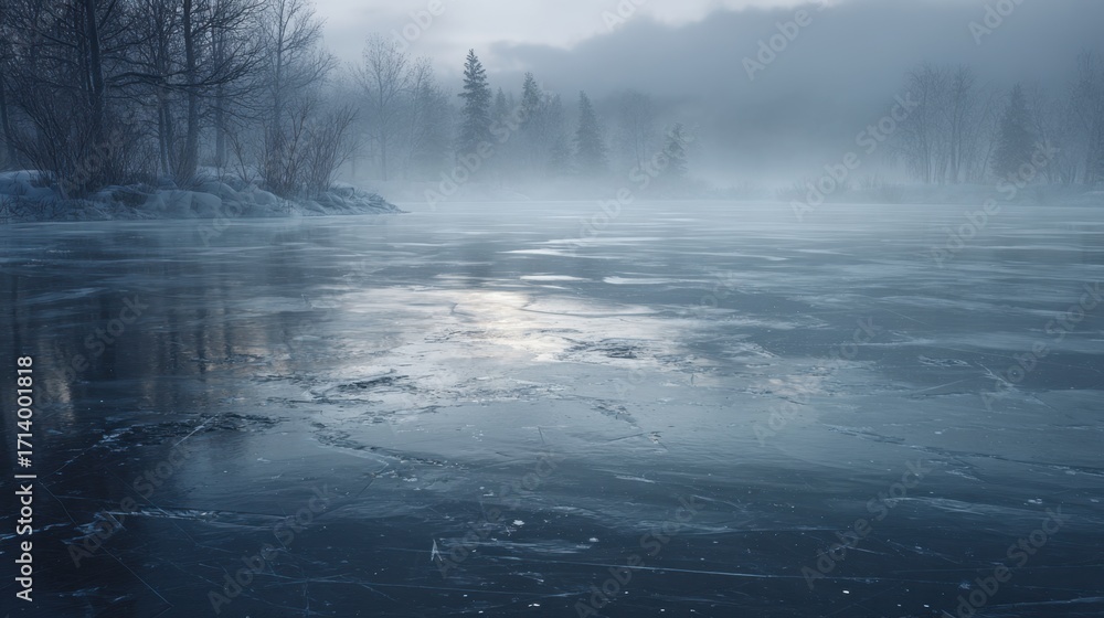 Fototapeta premium Misty Lake in Winter: The tranquil scene showcases an icy lake engulfed by a mystical, ethereal fog, set against a backdrop of a frosted forest and distant mountains.