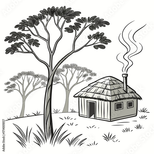 Simple thatched roof hut with smoke rising from chimney surrounded by trees and grass