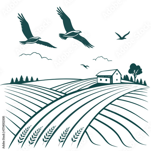 Stylized illustration of a farm landscape with rolling fields a house trees and birds of prey soaring overhead