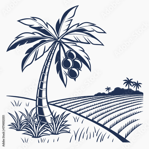 Stylized illustration of a single coconut palm tree with coconuts and a distant tropical landscape